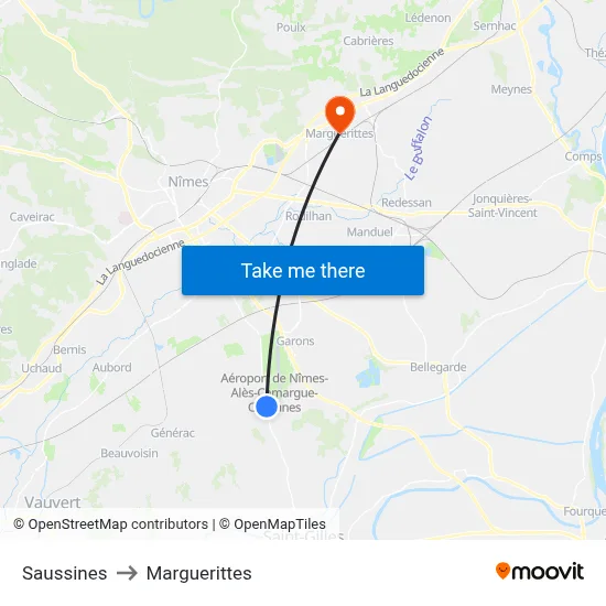 Saussines to Marguerittes map