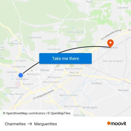 Charmettes to Marguerittes map