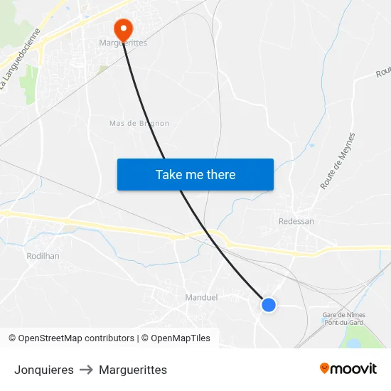 Jonquieres to Marguerittes map