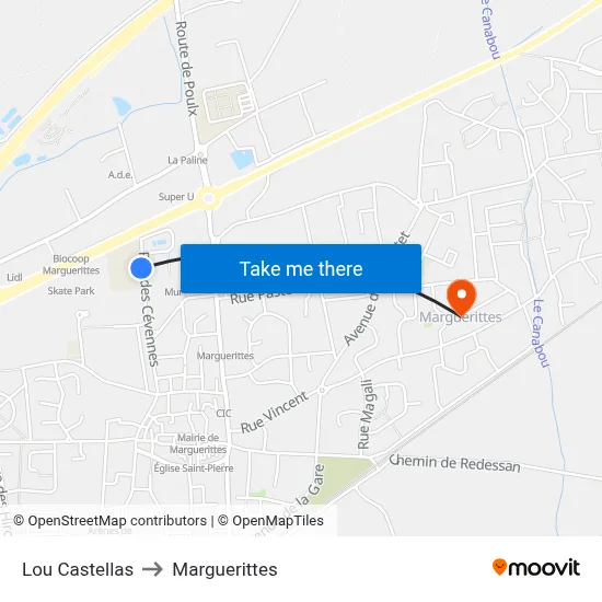 Lou Castellas to Marguerittes map