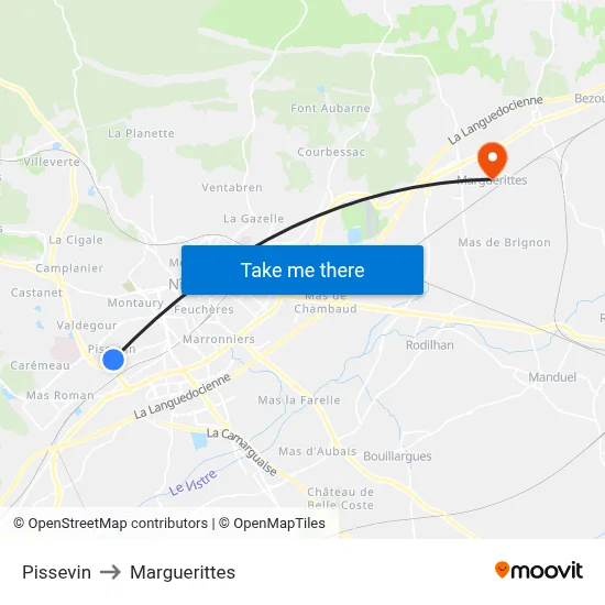 Pissevin to Marguerittes map