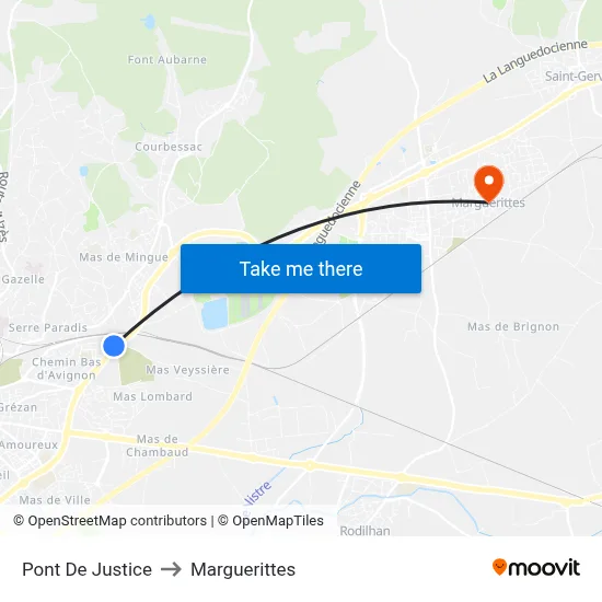 Pont De Justice to Marguerittes map