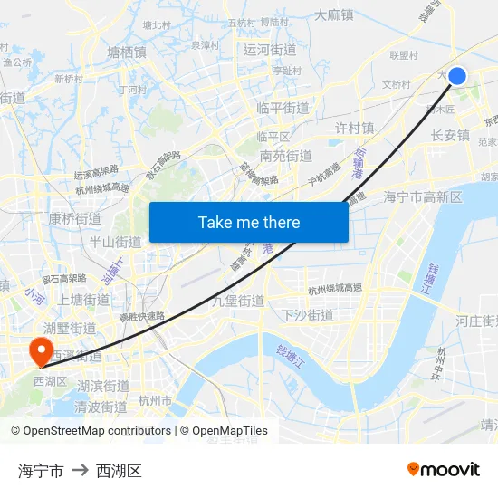 海宁市 to 西湖区 map