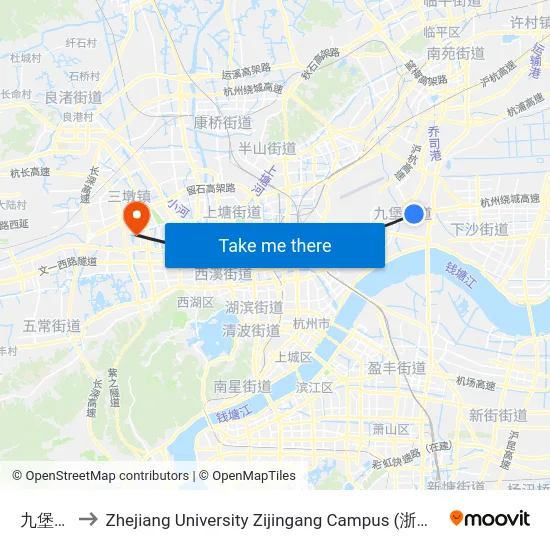 九堡五区 to Zhejiang University Zijingang Campus (浙江大学紫金港校区) map