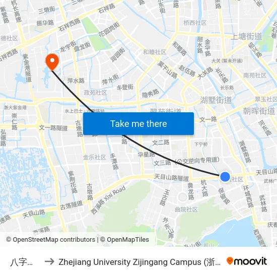 八字桥(Brt) to Zhejiang University Zijingang Campus (浙江大学紫金港校区) map
