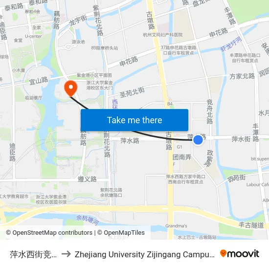 萍水西街竞舟北路口 to Zhejiang University Zijingang Campus (浙江大学紫金港校区) map