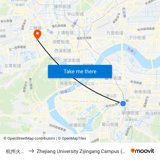 杭州火车南站 to Zhejiang University Zijingang Campus (浙江大学紫金港校区) map