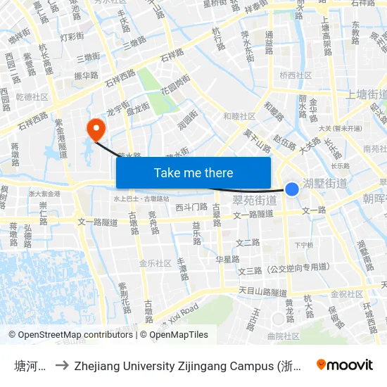 塘河南村 to Zhejiang University Zijingang Campus (浙江大学紫金港校区) map