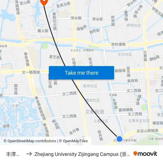 丰潭路南口 to Zhejiang University Zijingang Campus (浙江大学紫金港校区) map