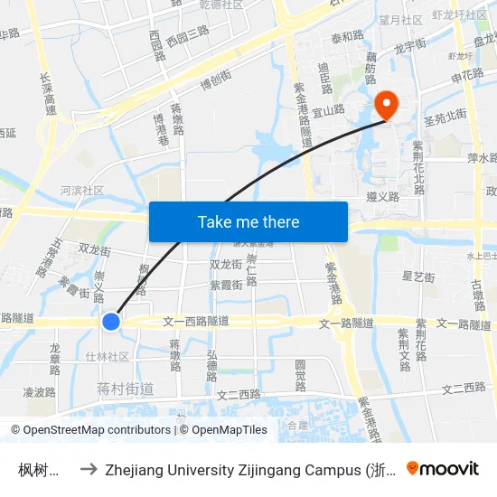 枫树湾河桥 to Zhejiang University Zijingang Campus (浙江大学紫金港校区) map