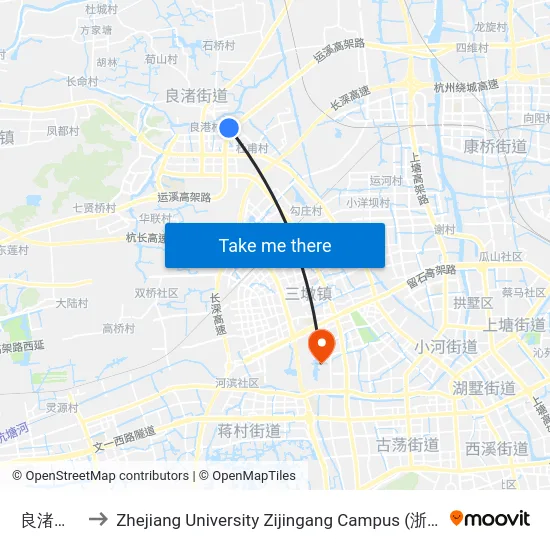 良渚大桥南 to Zhejiang University Zijingang Campus (浙江大学紫金港校区) map