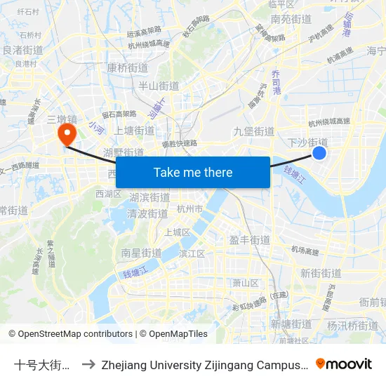 十号大街一号路口 to Zhejiang University Zijingang Campus (浙江大学紫金港校区) map
