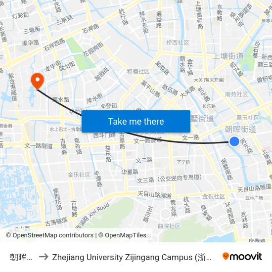 朝晖九区 to Zhejiang University Zijingang Campus (浙江大学紫金港校区) map