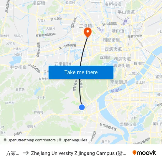 方家畈东 to Zhejiang University Zijingang Campus (浙江大学紫金港校区) map