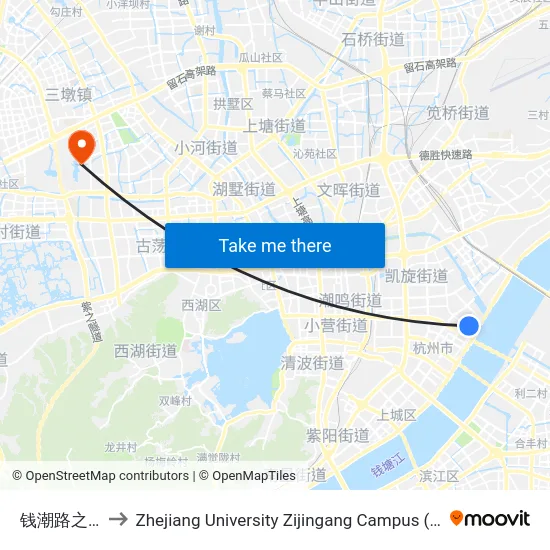 钱潮路之江路口 to Zhejiang University Zijingang Campus (浙江大学紫金港校区) map