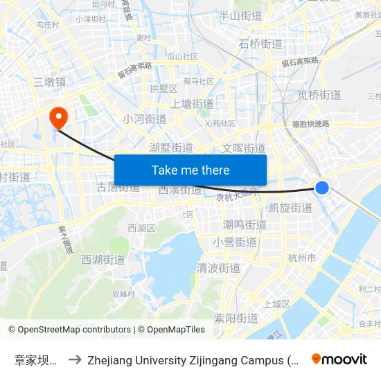 章家坝小区南 to Zhejiang University Zijingang Campus (浙江大学紫金港校区) map