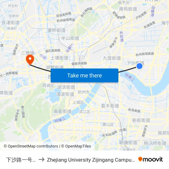 下沙路一号路口(Brt) to Zhejiang University Zijingang Campus (浙江大学紫金港校区) map