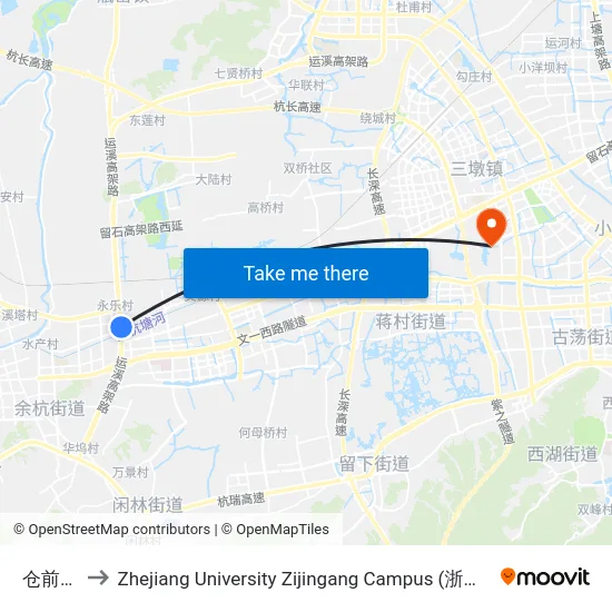 仓前路口 to Zhejiang University Zijingang Campus (浙江大学紫金港校区) map
