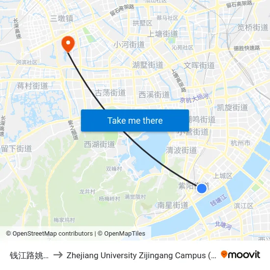 钱江路姚江路口 to Zhejiang University Zijingang Campus (浙江大学紫金港校区) map