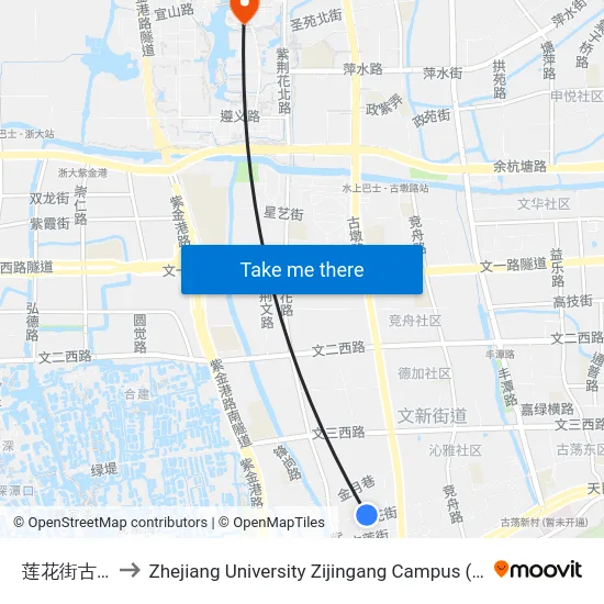莲花街古墩路口 to Zhejiang University Zijingang Campus (浙江大学紫金港校区) map