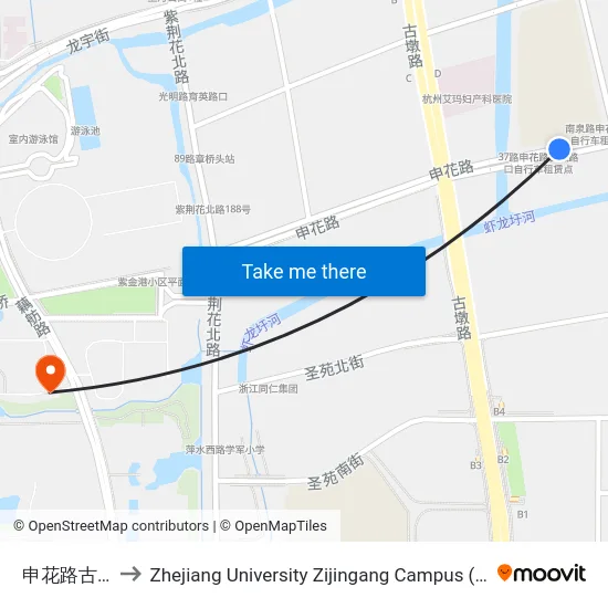 申花路古墩路口 to Zhejiang University Zijingang Campus (浙江大学紫金港校区) map