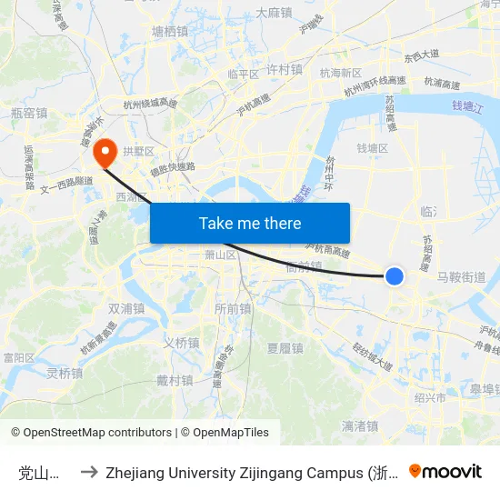 党山镇政府 to Zhejiang University Zijingang Campus (浙江大学紫金港校区) map