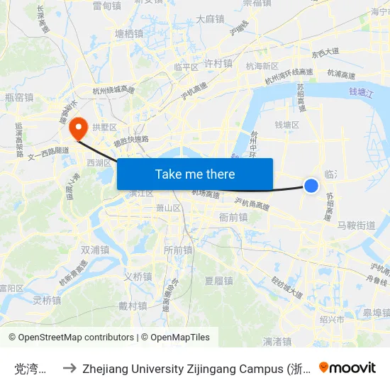 党湾镇政府 to Zhejiang University Zijingang Campus (浙江大学紫金港校区) map
