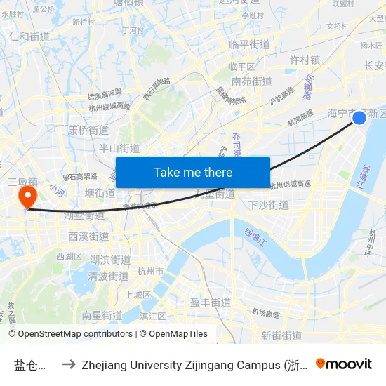 盐仓汽车站 to Zhejiang University Zijingang Campus (浙江大学紫金港校区) map