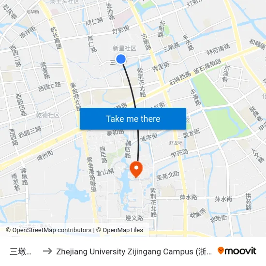 三墩镇政府 to Zhejiang University Zijingang Campus (浙江大学紫金港校区) map