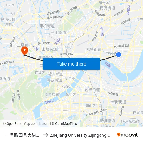 一号路四号大街口(四号大街以南) to Zhejiang University Zijingang Campus (浙江大学紫金港校区) map