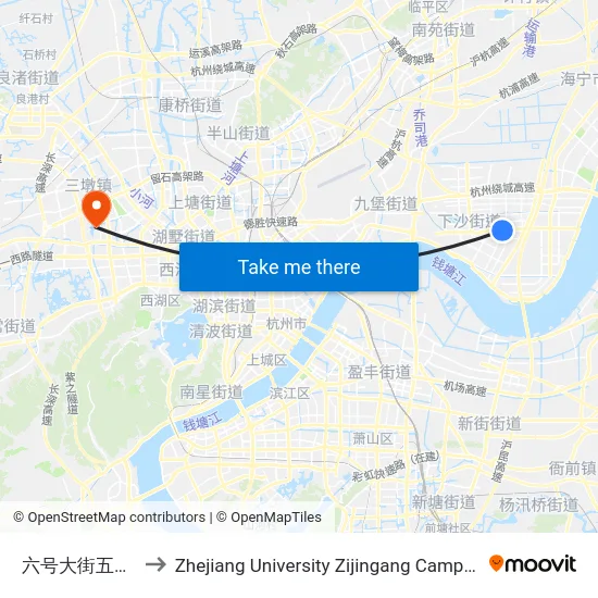 六号大街五号路口(Brt) to Zhejiang University Zijingang Campus (浙江大学紫金港校区) map
