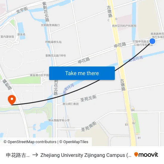 申花路古墩路口 to Zhejiang University Zijingang Campus (浙江大学紫金港校区) map