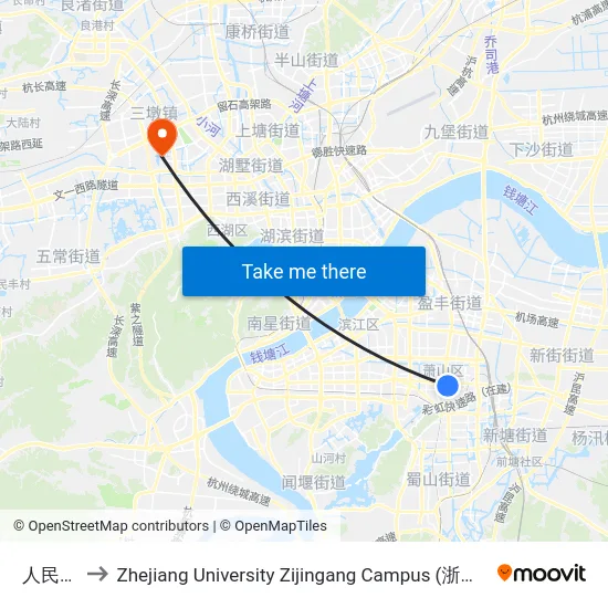 人民广场 to Zhejiang University Zijingang Campus (浙江大学紫金港校区) map