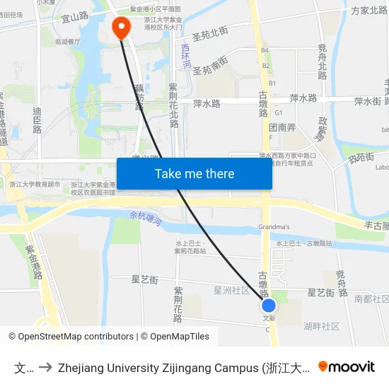 文新 to Zhejiang University Zijingang Campus (浙江大学紫金港校区) map