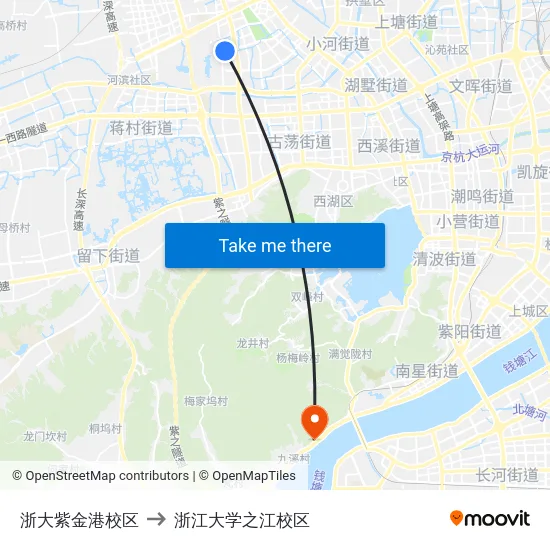 浙大紫金港校区 to 浙江大学之江校区 map
