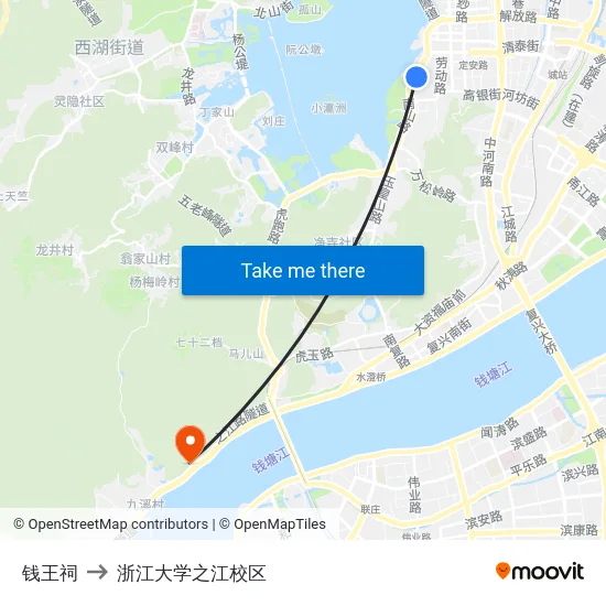 钱王祠 to 浙江大学之江校区 map