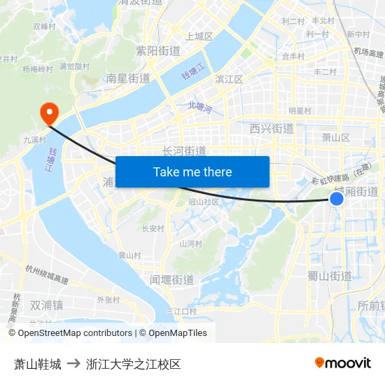 萧山鞋城 to 浙江大学之江校区 map