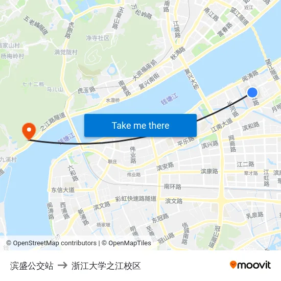 滨盛公交站 to 浙江大学之江校区 map