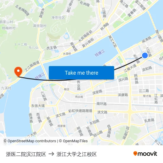 浙医二院滨江院区 to 浙江大学之江校区 map