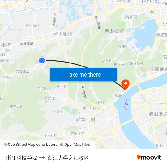 浙江科技学院 to 浙江大学之江校区 map