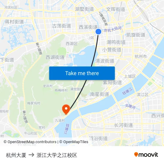 杭州大厦 to 浙江大学之江校区 map