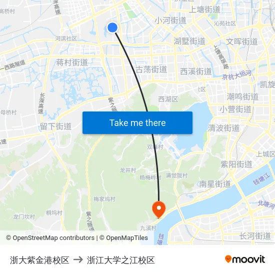 浙大紫金港校区 to 浙江大学之江校区 map