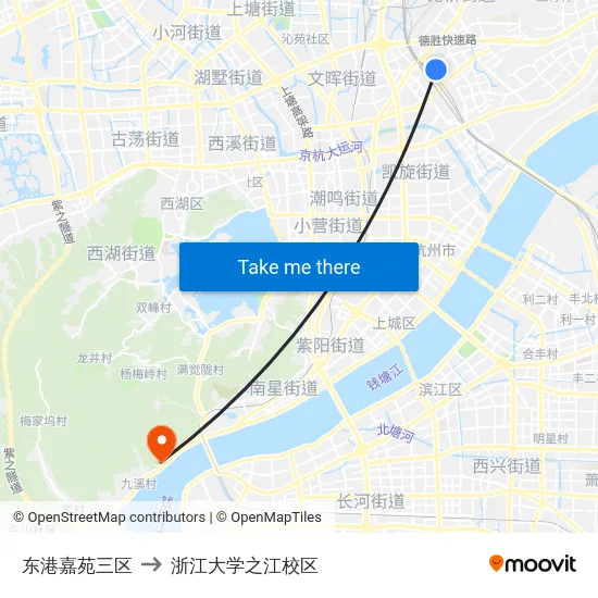 东港嘉苑三区 to 浙江大学之江校区 map