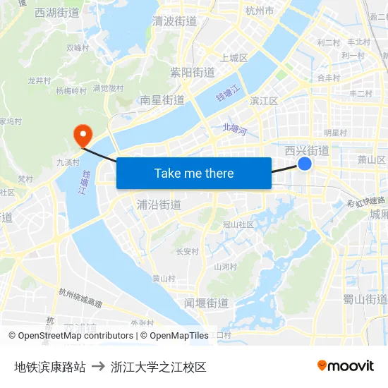 地铁滨康路站 to 浙江大学之江校区 map
