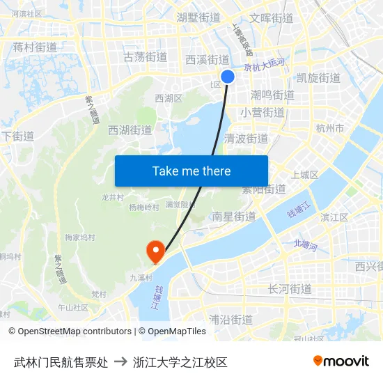 武林门民航售票处 to 浙江大学之江校区 map