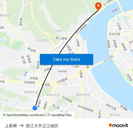 上新桥 to 浙江大学之江校区 map