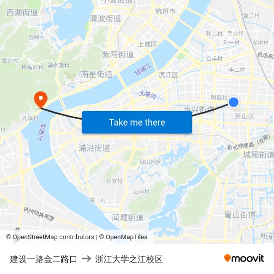建设一路金二路口 to 浙江大学之江校区 map