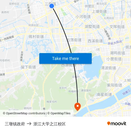 三墩镇政府 to 浙江大学之江校区 map