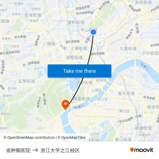 省肿瘤医院 to 浙江大学之江校区 map