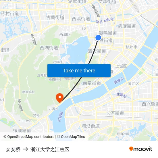 众安桥 to 浙江大学之江校区 map